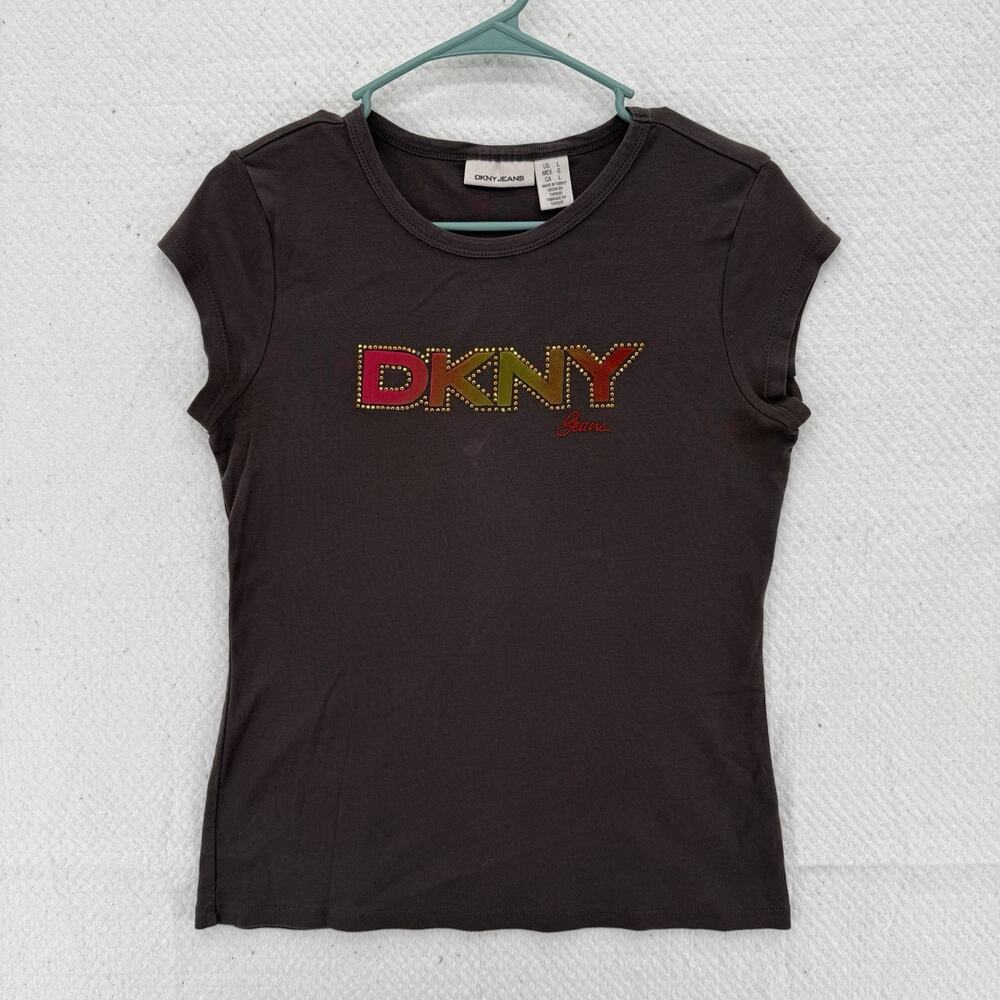 Y2K Fitted DKNY Brown Rhinestone Logo Ruched Baby Tee Shirt Women’s Size Large